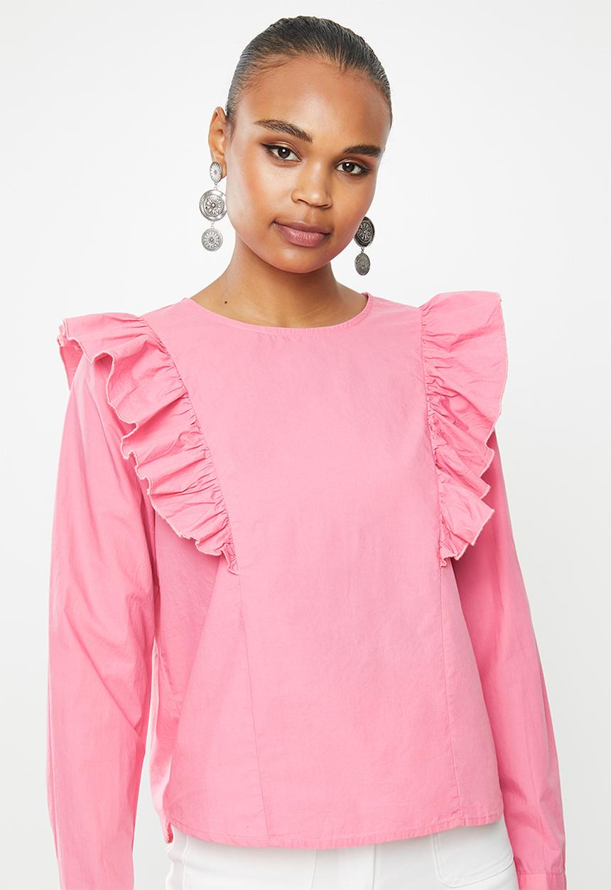 Jacqueline de Yong - Tesha long sleeve ruffle top - pink
