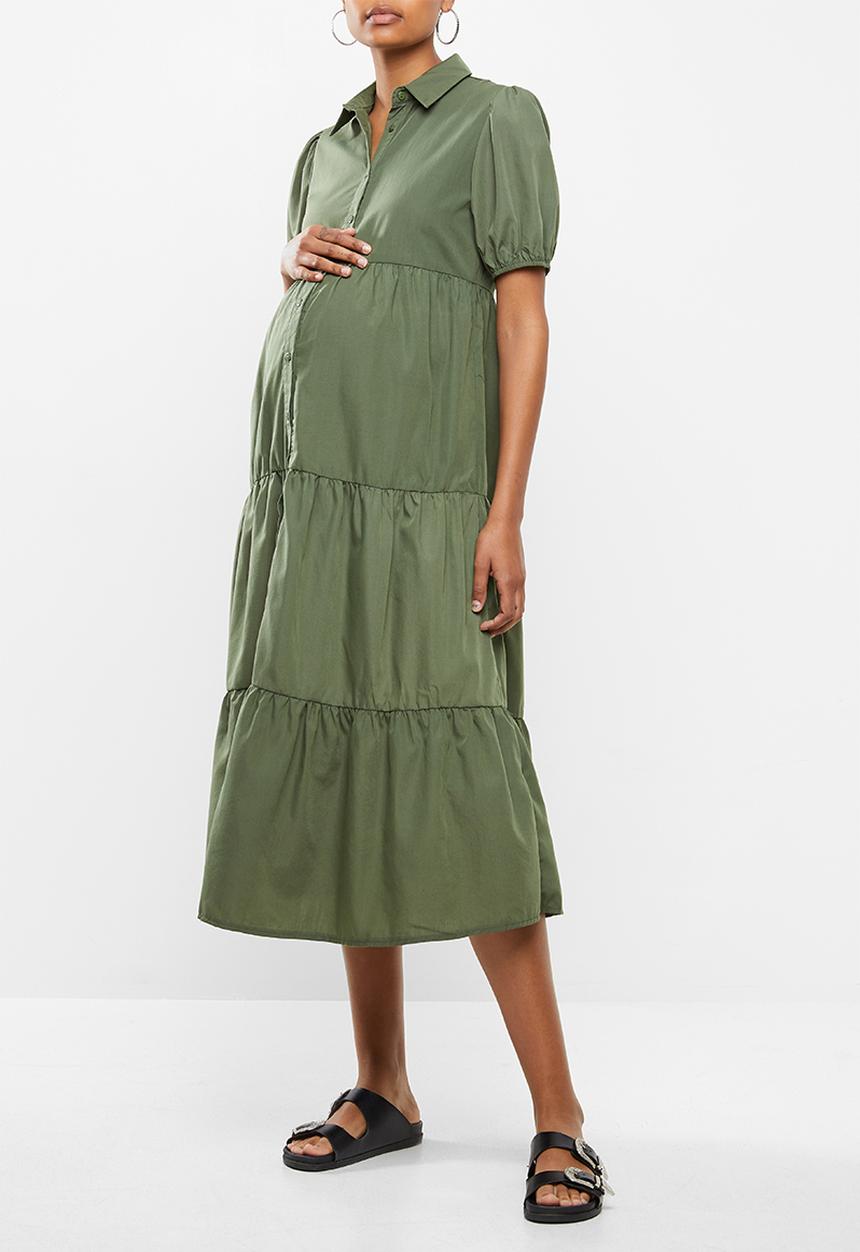 Missguided - Maternity short sleeve poplin button front maxi smock dres - khaki