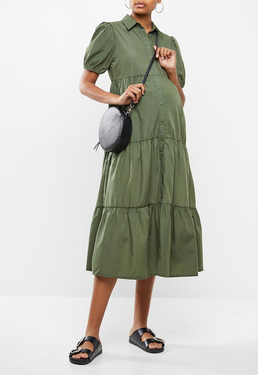 Missguided - Maternity short sleeve poplin button front maxi smock dres - khaki