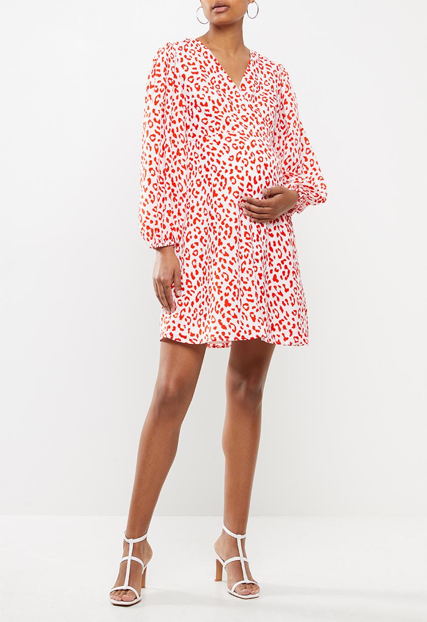 Glamorous - Maternity red leopard volume sleeve mini wrap dress - red
