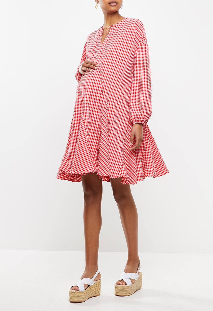 Glamorous - Maternity gingham swing dress with front tie - pink & red