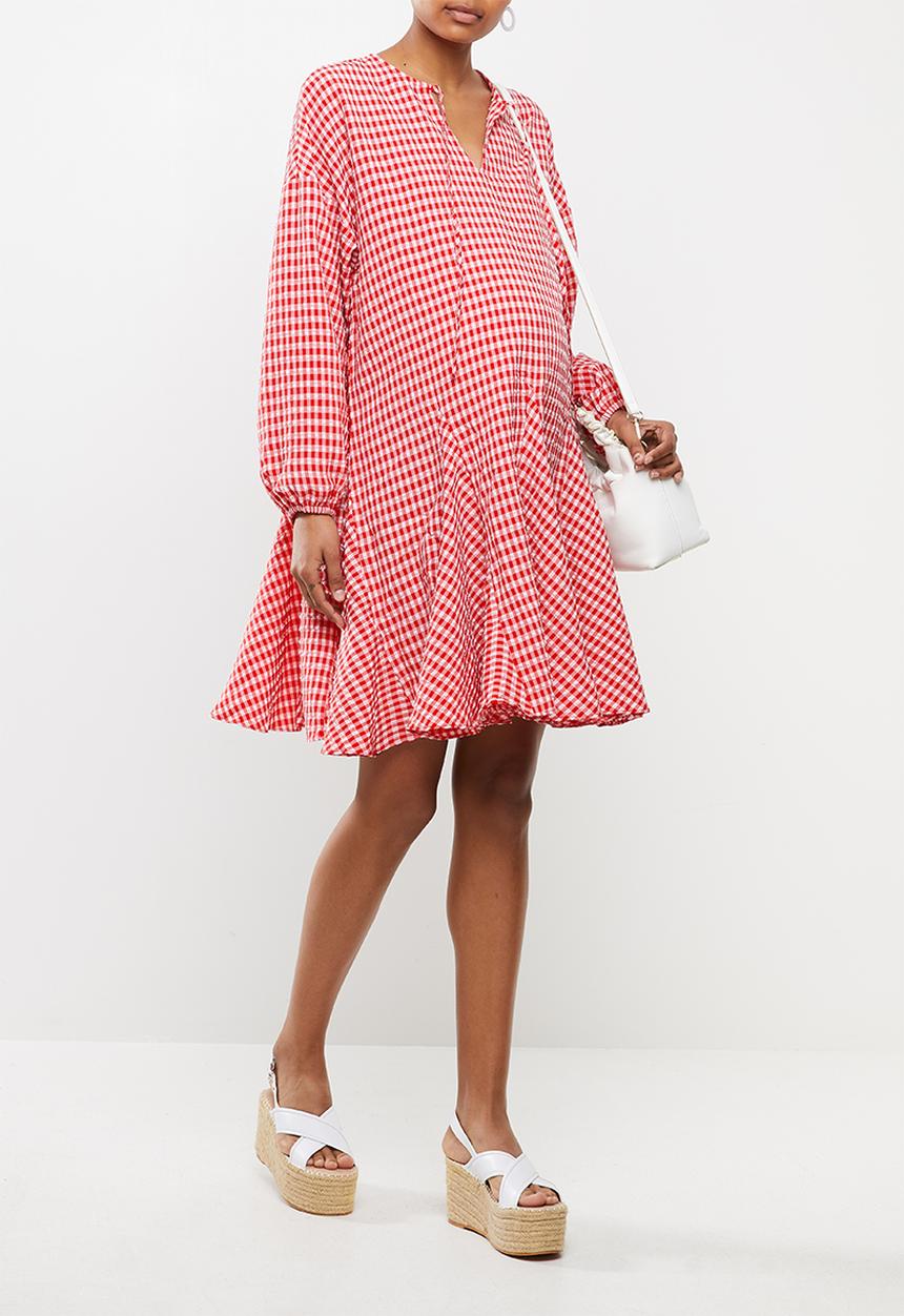 Glamorous - Maternity gingham swing dress with front tie - pink & red