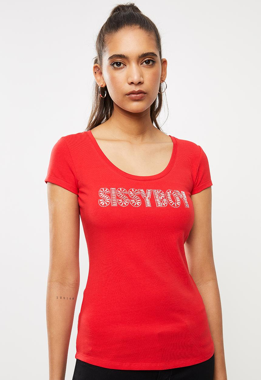SISSY BOY - Round neck basic with mixed logo transfer - red