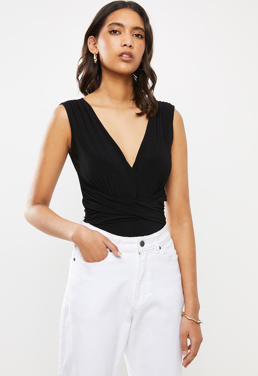 VELVET - Wrap gauged bonbon bodysuit - black