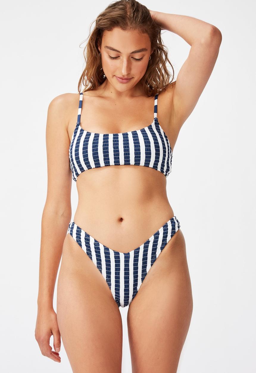 Cotton On - High side brazilian bikini bottom - marina blue stripe shirred