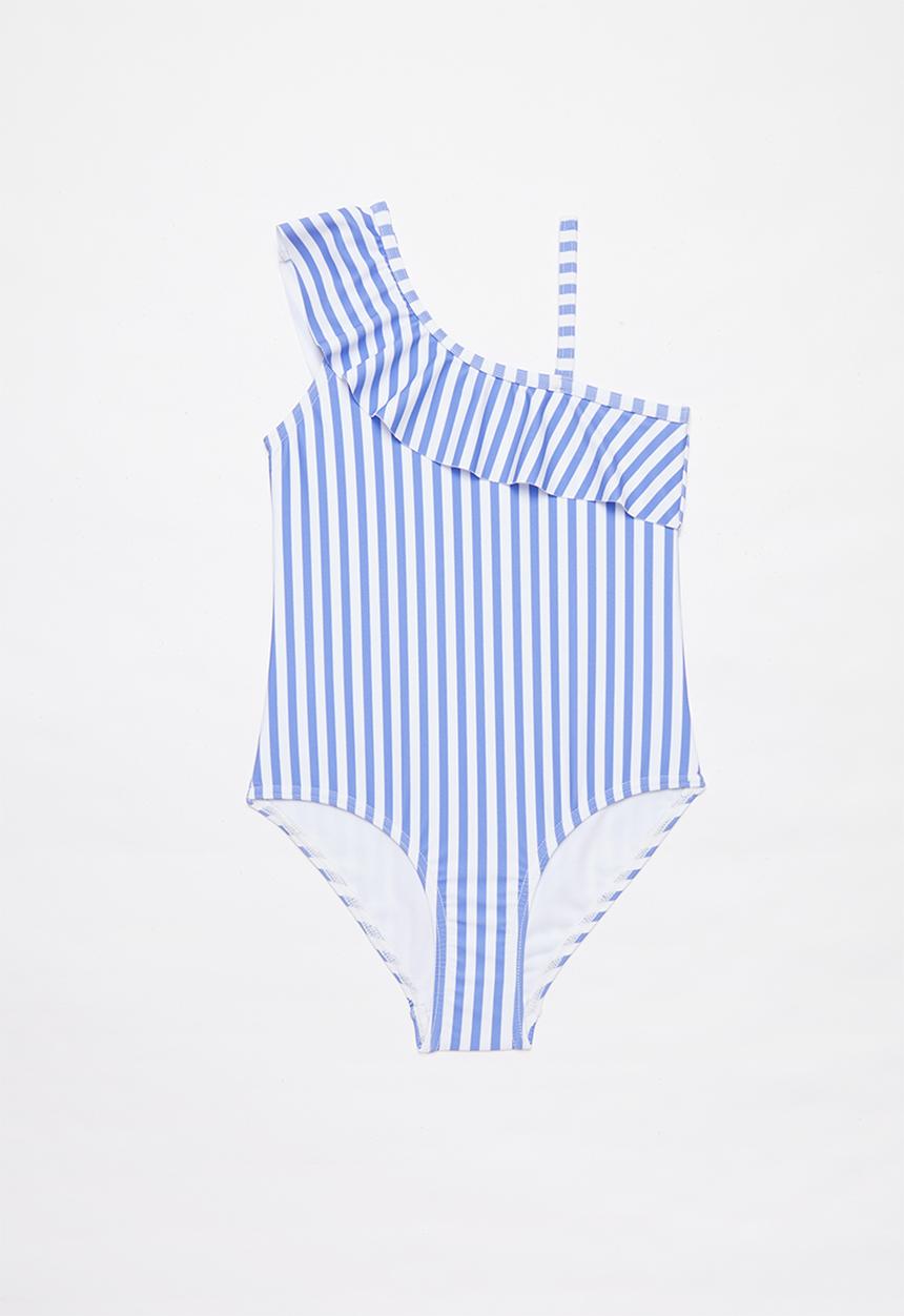 Pop Candy - Stripe off the shoulder one piece swimsuit - blue & white