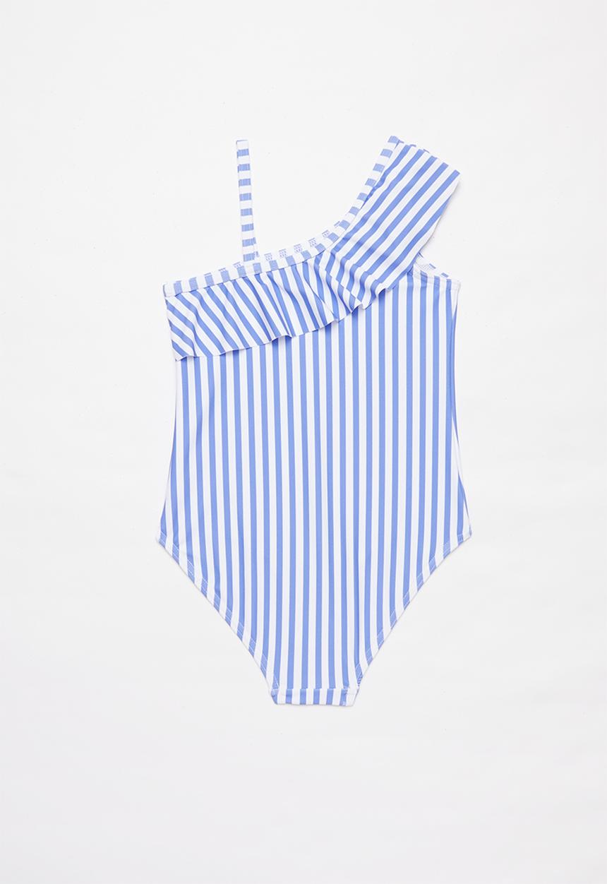 Pop Candy - Stripe off the shoulder one piece swimsuit - blue & white