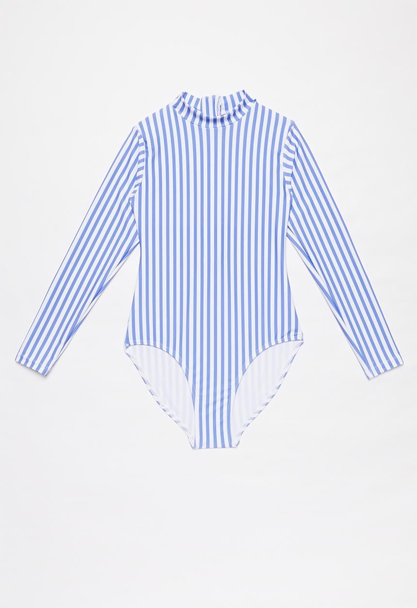 Rebel Republic - Stripe long sleeve zip up swimsuit - blue & white