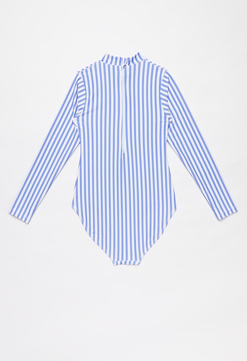 Rebel Republic - Stripe long sleeve zip up swimsuit - blue & white