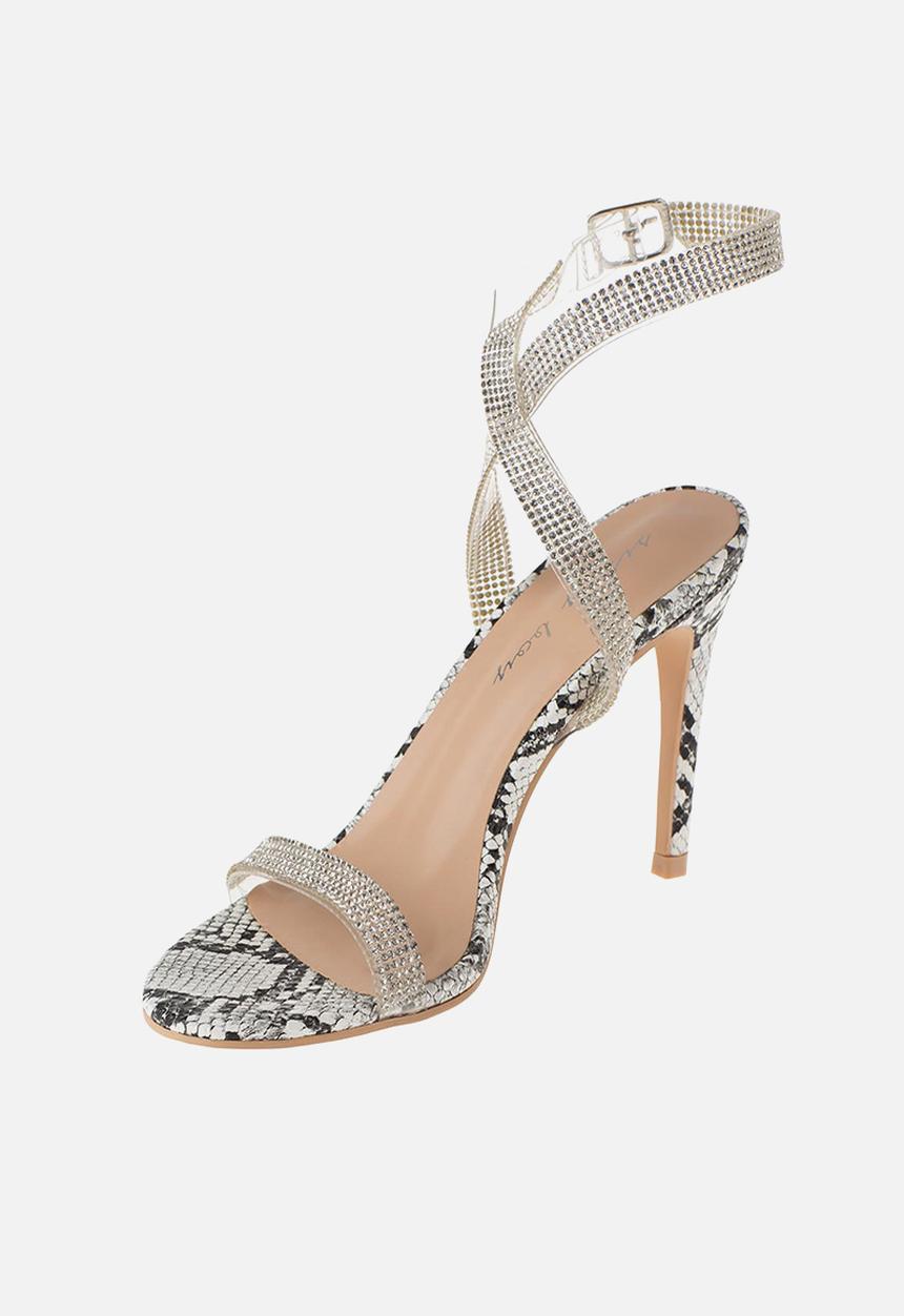 SISSY BOY - Snake a risk heel with diamante strap - black & white