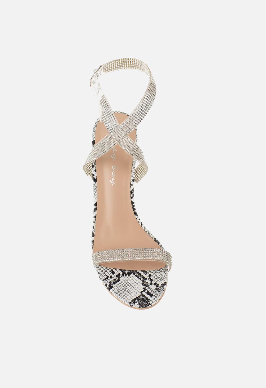 SISSY BOY - Snake a risk heel with diamante strap - black & white