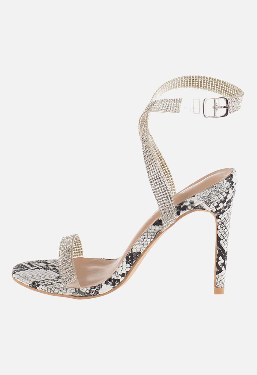 SISSY BOY - Snake a risk heel with diamante strap - black & white