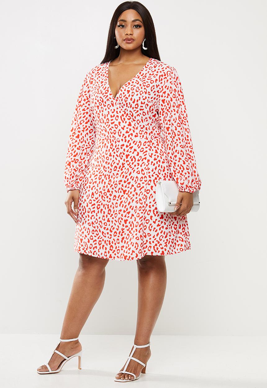 Glamorous - Plus red leopard volume sleeve mini wrap dress - red & white