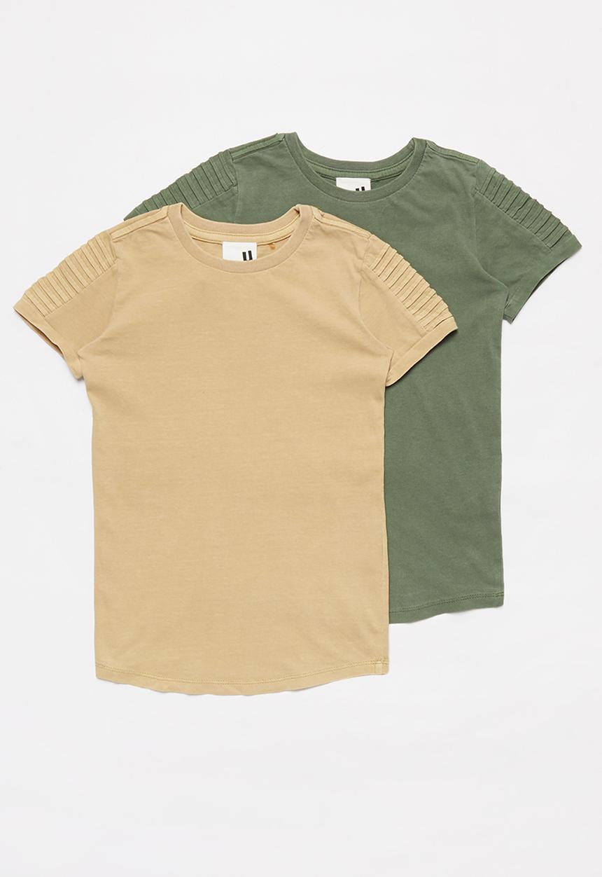 Cotton On - 2 Pack Cruz long line short sleeve tee - beige & khaki 