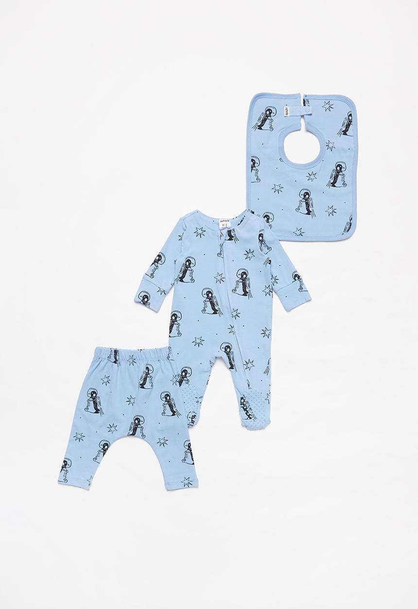 Cotton On - Bundle the long sleeve zip romper, legging & bib - blue