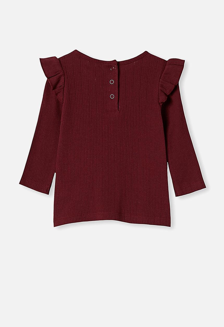 Cotton On - Cindy long sleeve pointelle top - burgundy 
