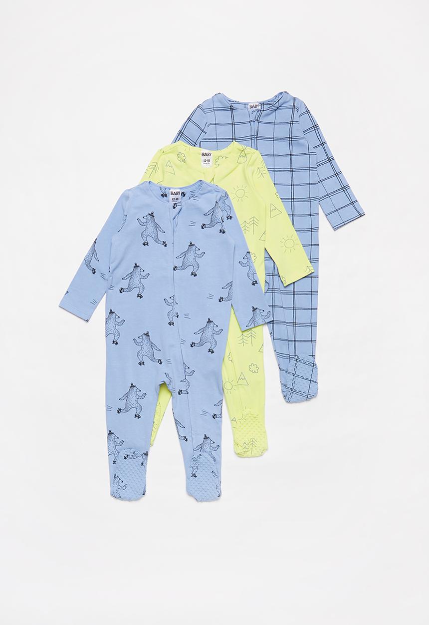Cotton On - 3 Pack long sleeve zip romper - blue & yellow