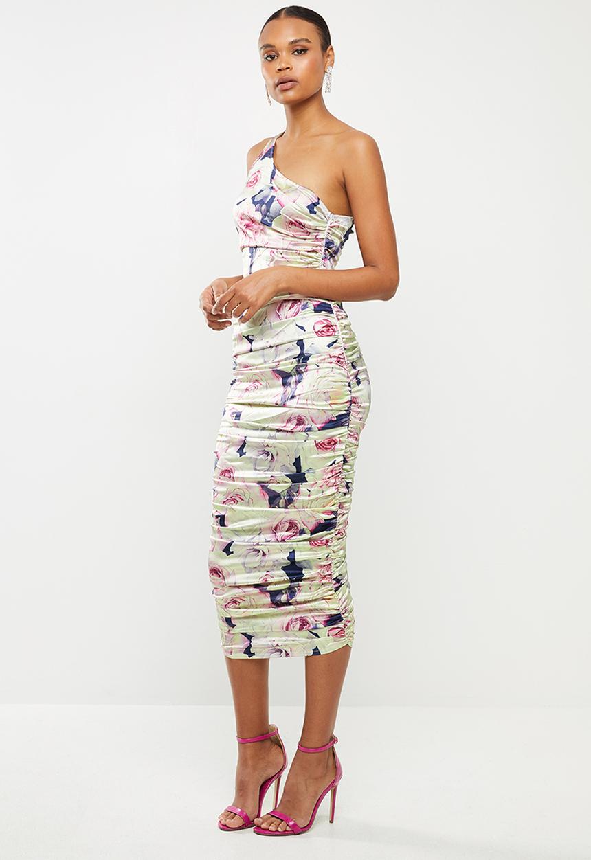 Missguided - Floral one shoulder stretch satin midi - multi