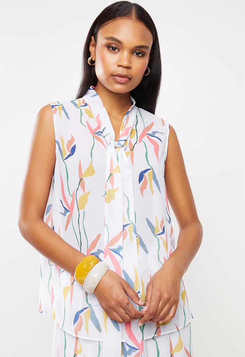 edit - Sleeveless kitty-bow blouse - white