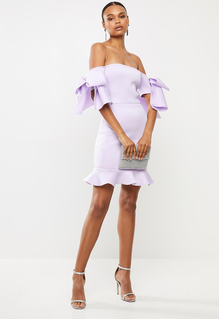 Missguided - Scuba ruffle bow bardot mini dress - purple