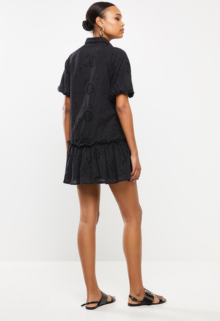 Missguided - Broderie ruffle shirt smock dress - black