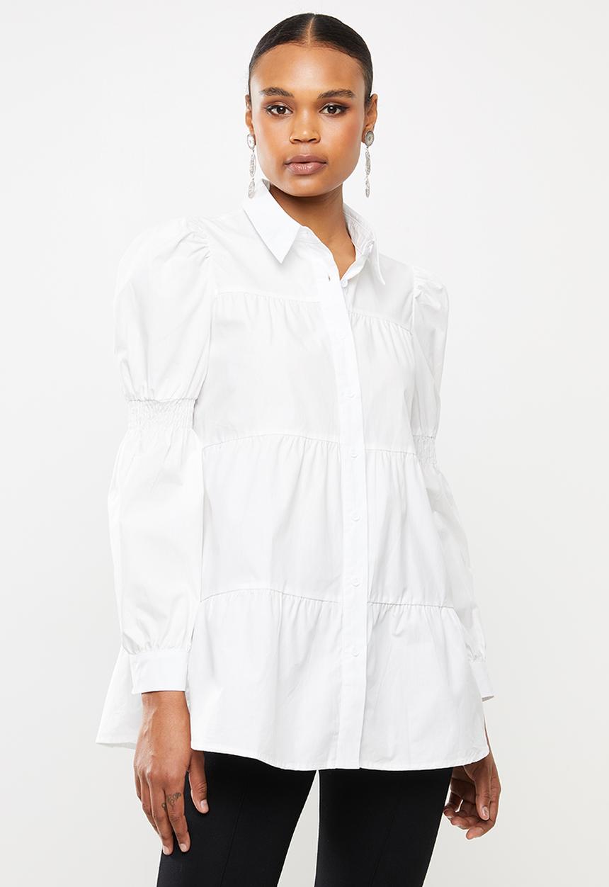 Missguided - Poplin ruched sleeve smock shirt - white