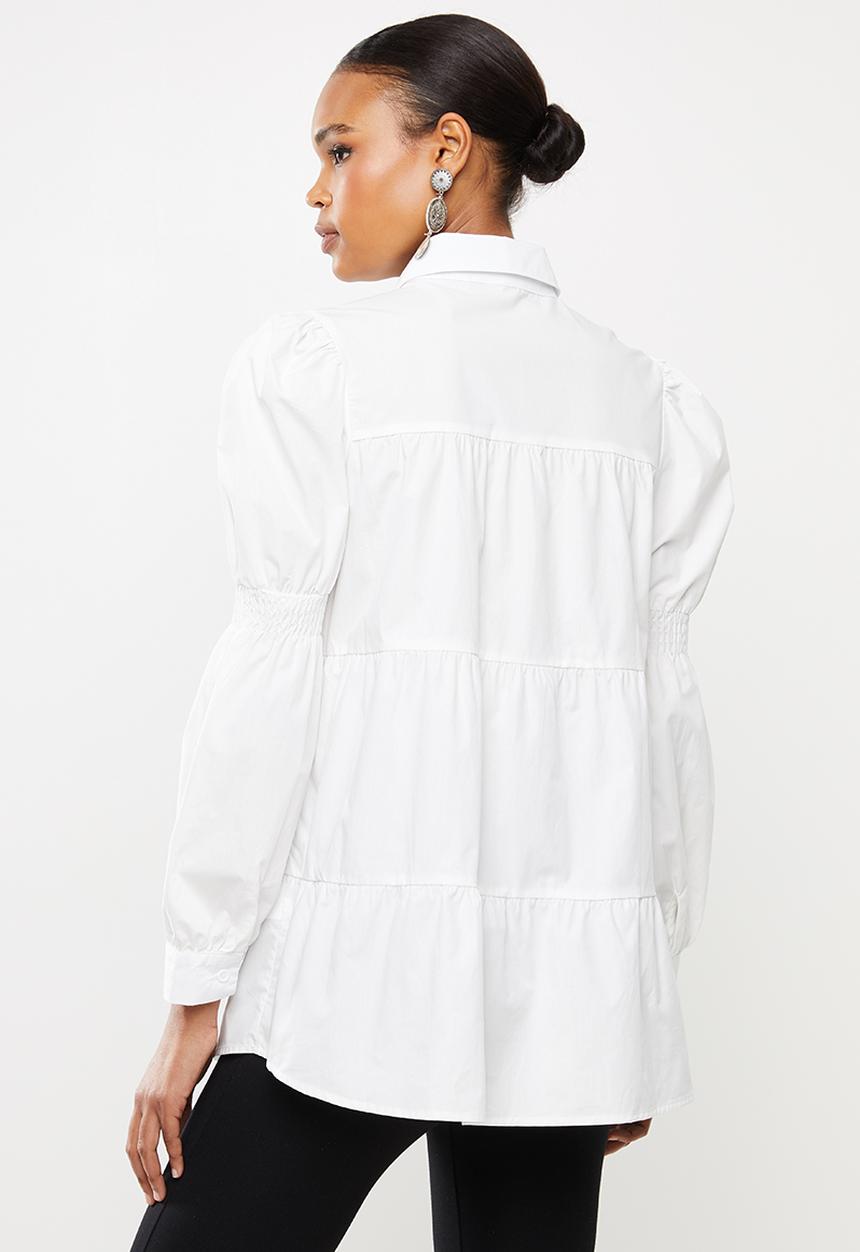 Missguided - Poplin ruched sleeve smock shirt - white