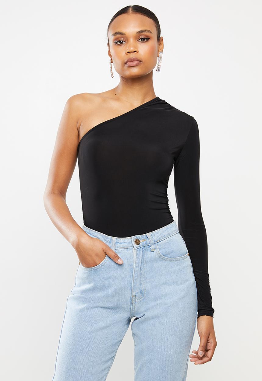 Missguided - Soft tch slinky one shoulder ruched bodysuit - black