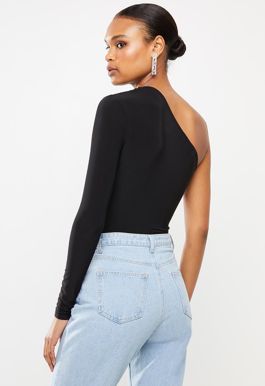 Missguided - Soft tch slinky one shoulder ruched bodysuit - black