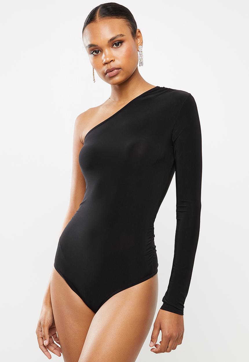 Missguided - Soft tch slinky one shoulder ruched bodysuit - black