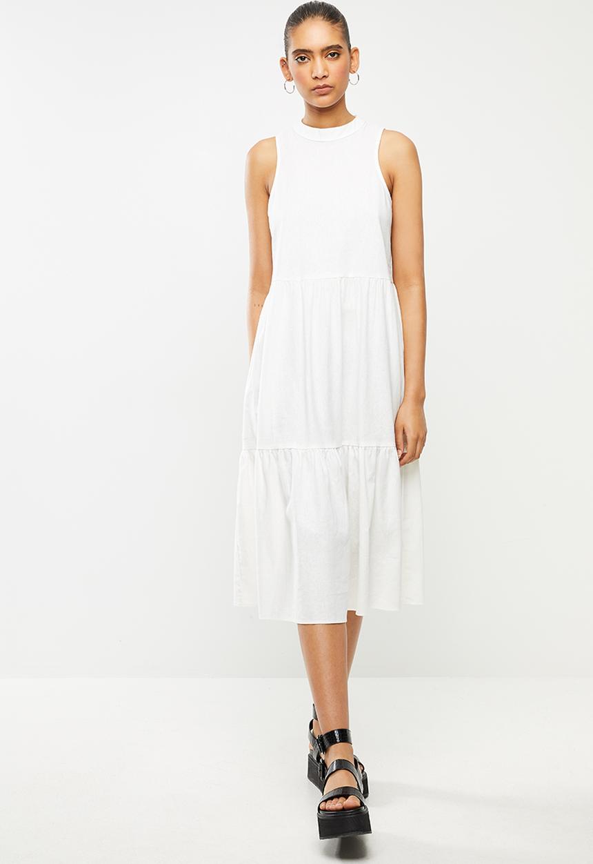 Blake - Linen rayon tiered midi tiered dress - white 
