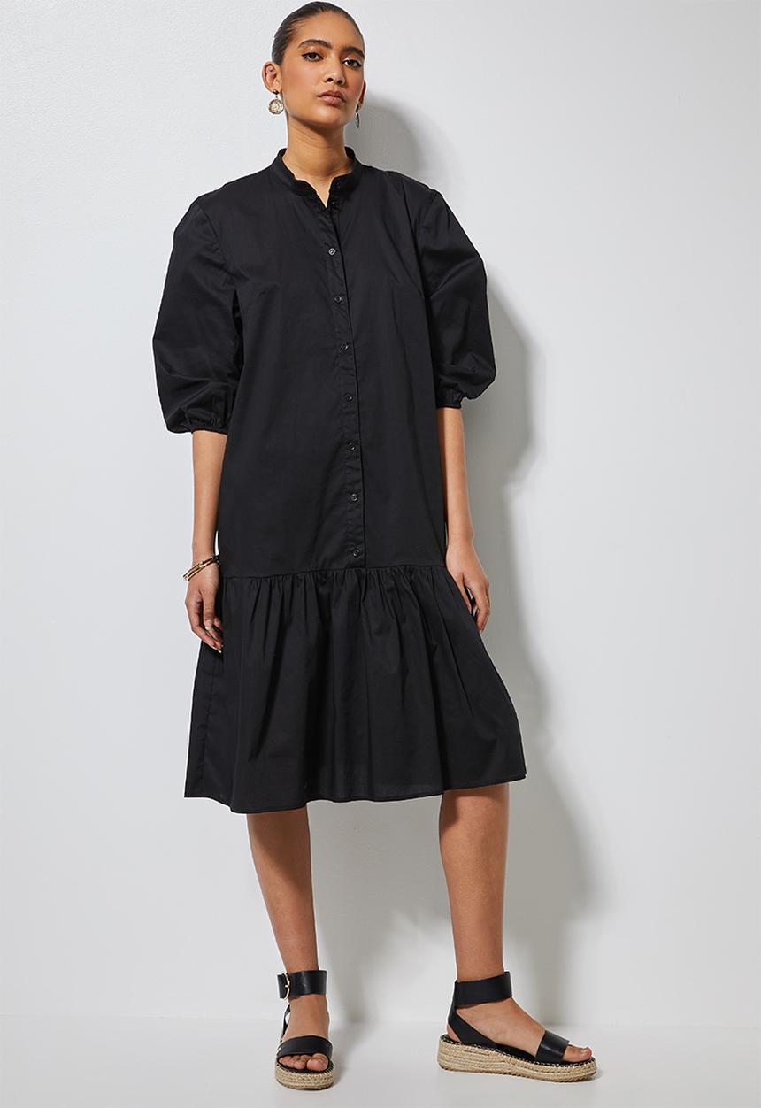 Superbalist - Cotton button thru dress with tier - black