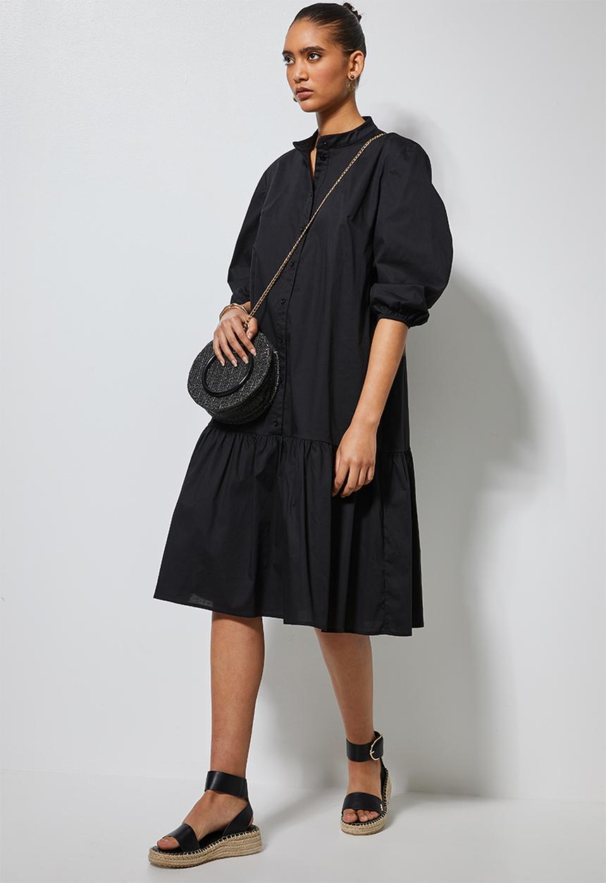 Superbalist - Cotton button thru dress with tier - black