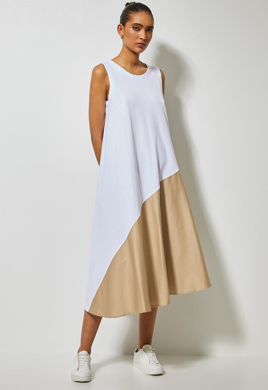 Superbalist - Trapeze combo fabric dress - white & beige 