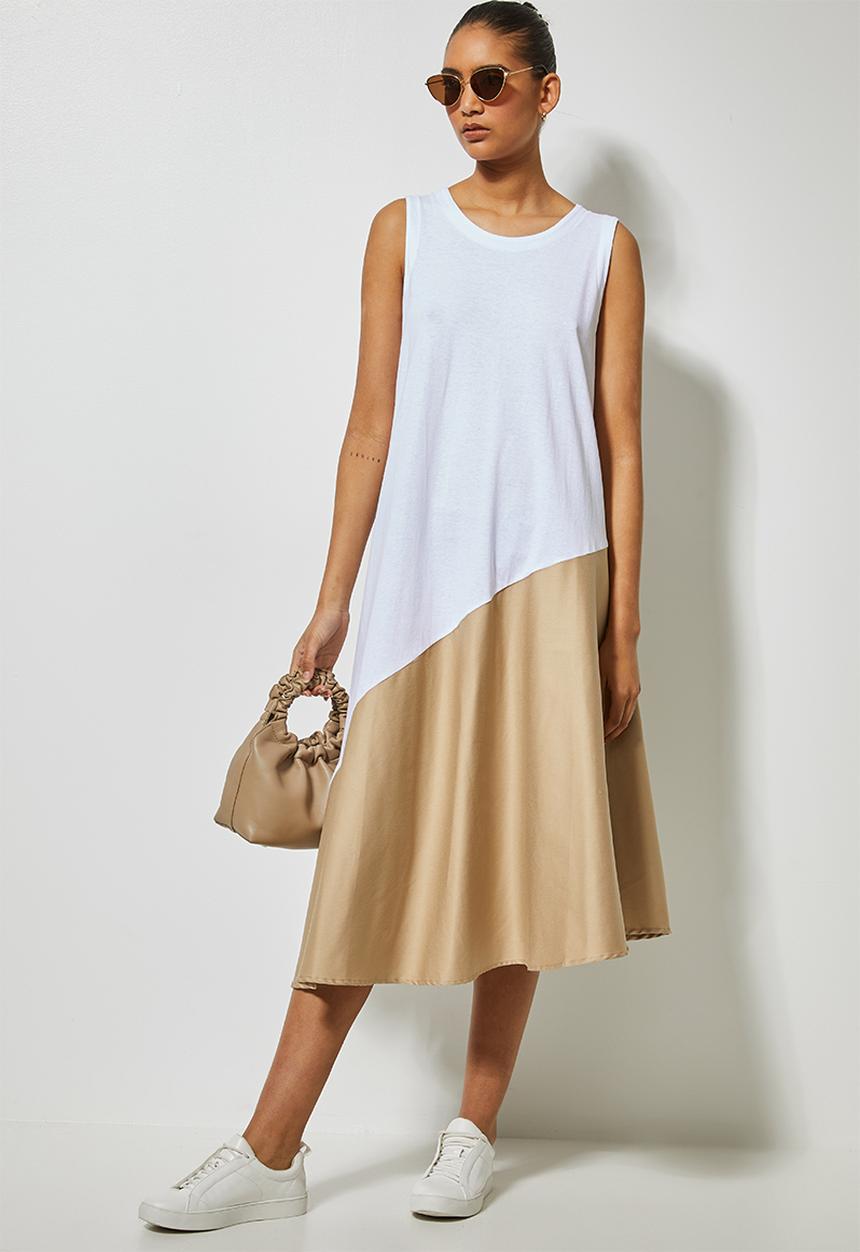Superbalist - Trapeze combo fabric dress - white & beige 