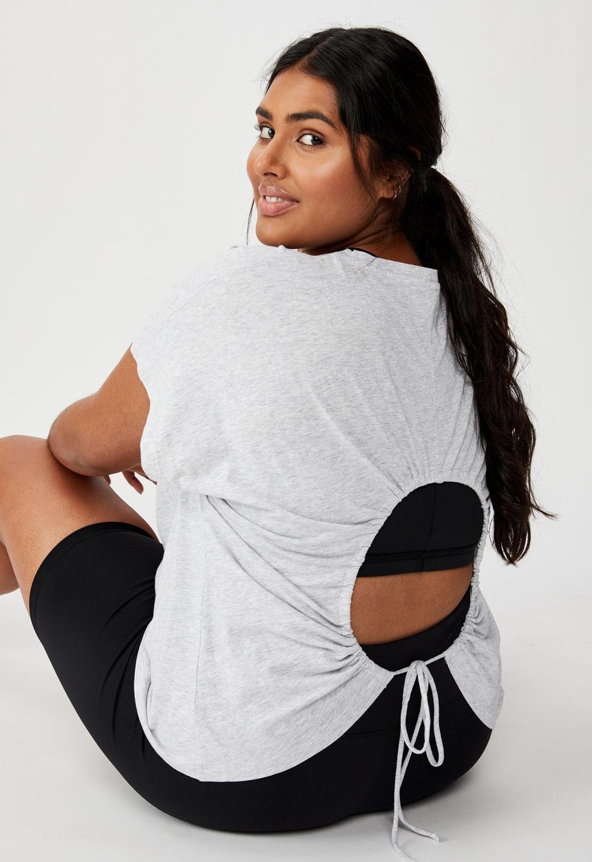 Cotton On - Curve active drop sleeve tie back T-shirt - grey