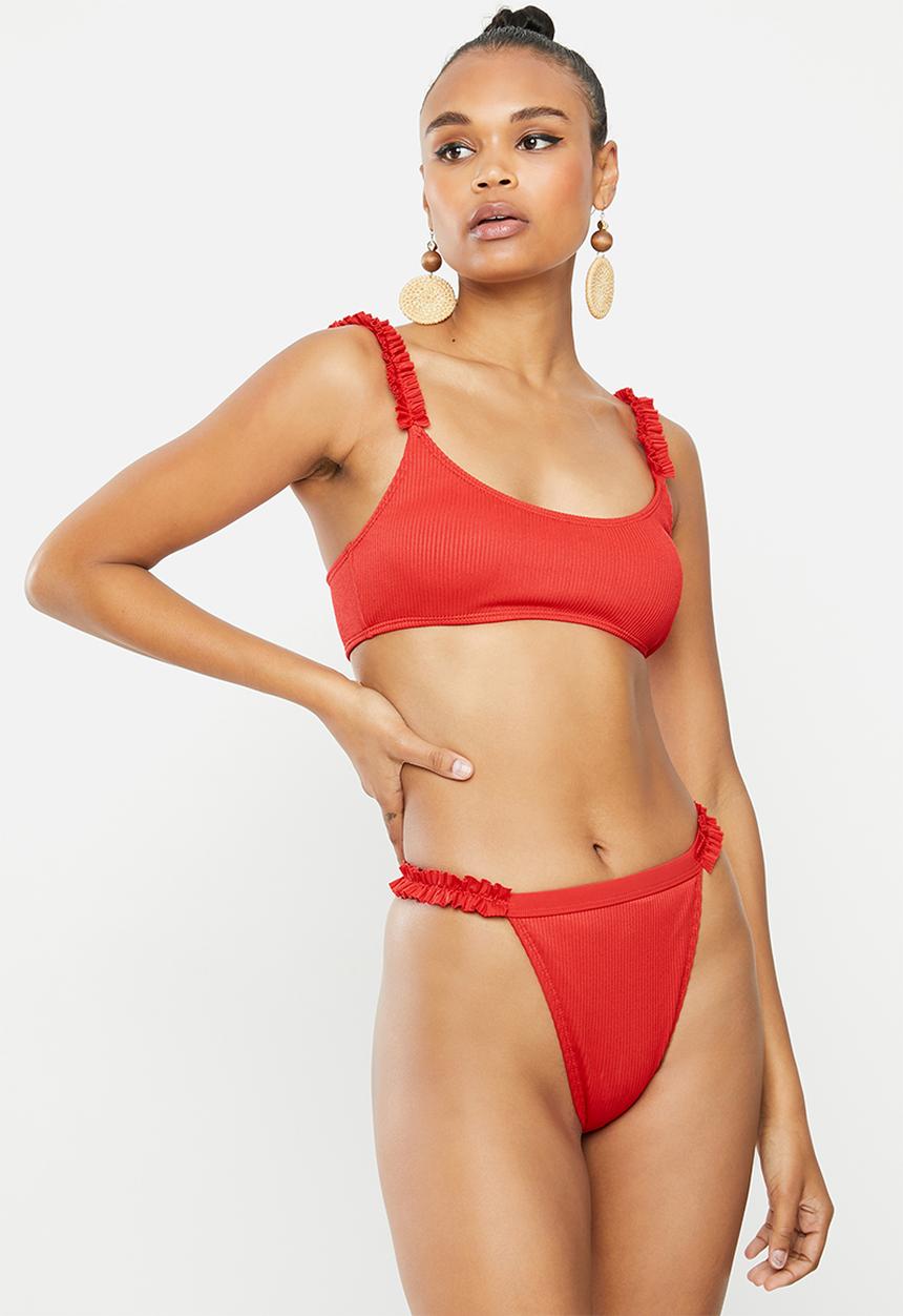 Missguided - Rib frill side tanga bikini bottom - red