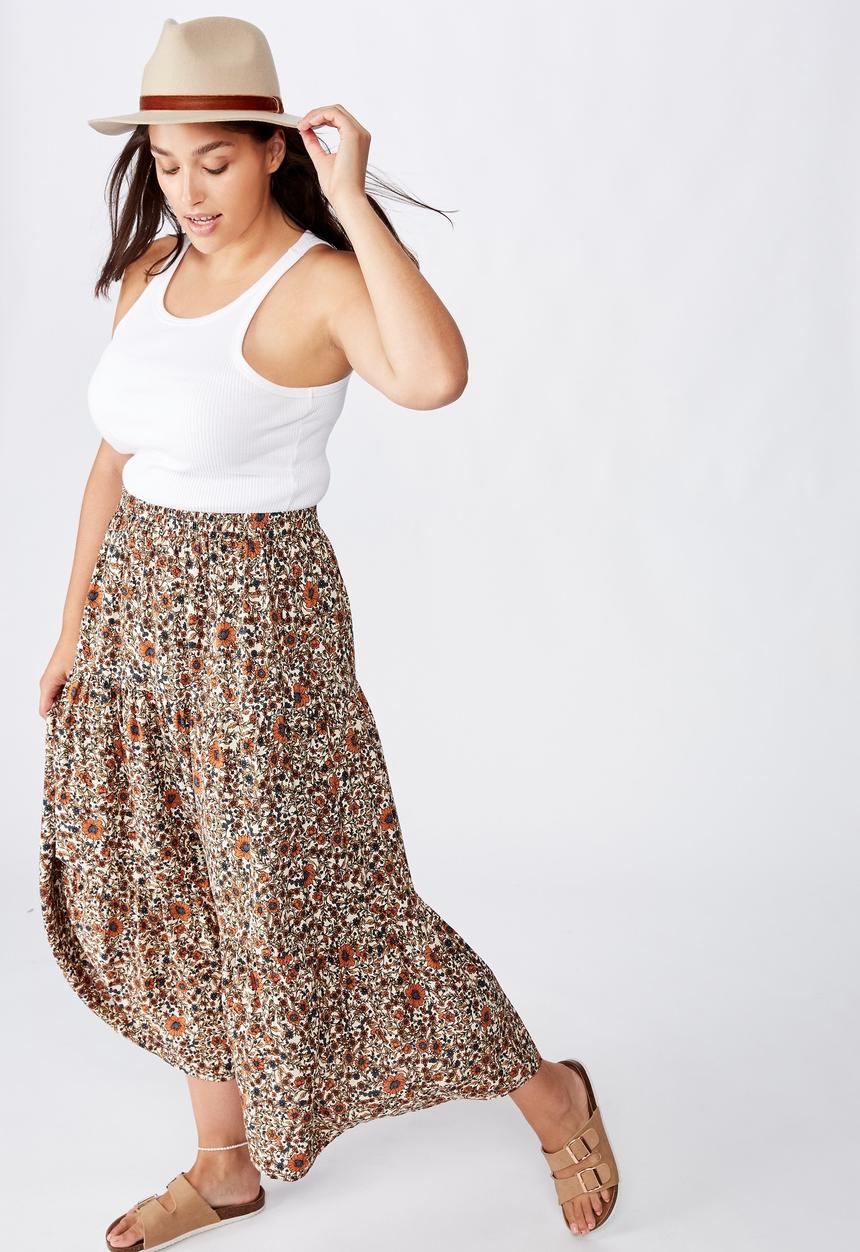 Cotton On - Curve jasmine maxi skirt - jordyn floral mid brown