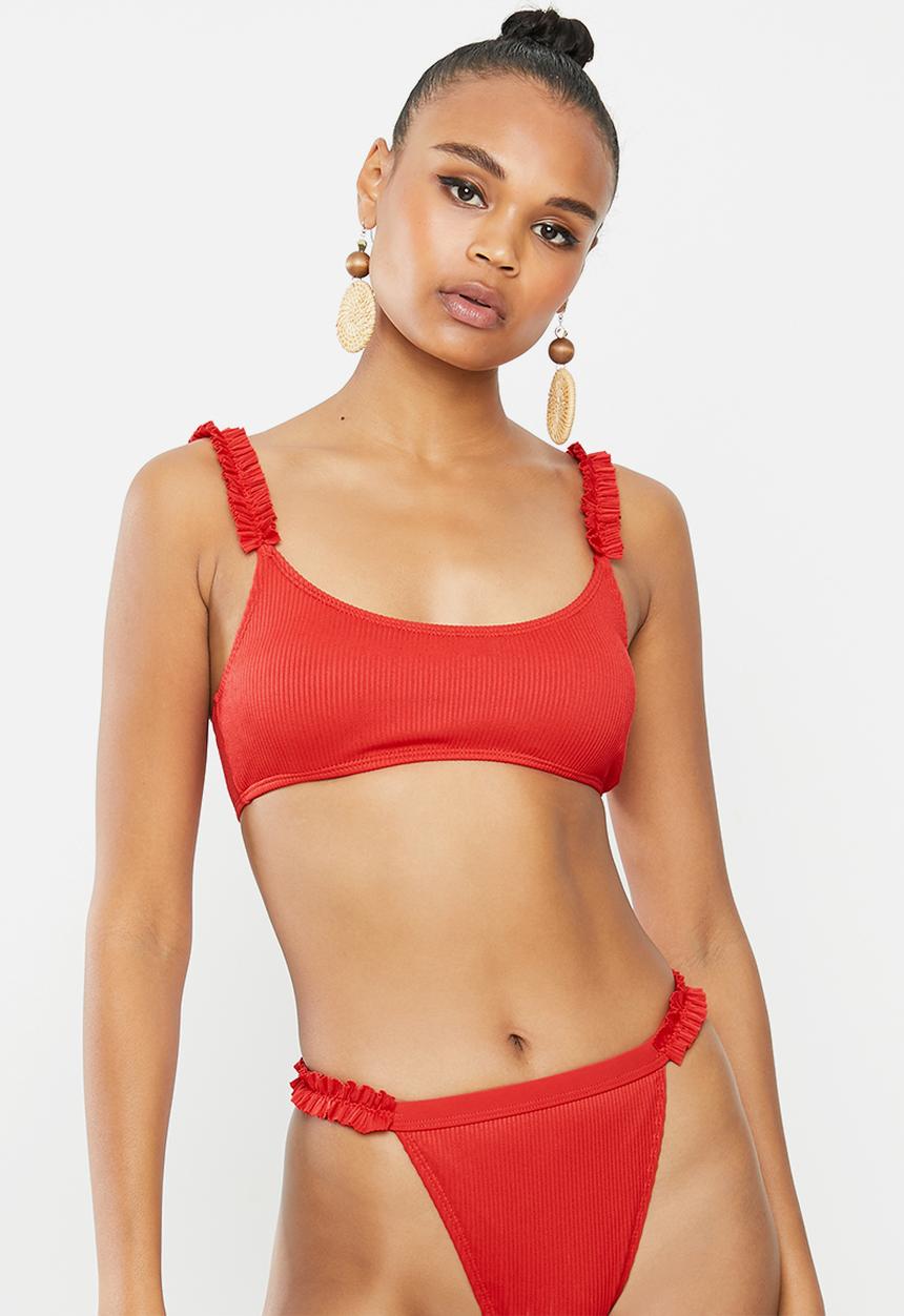 Missguided - Rib frill shoulder strappy bikini top - red