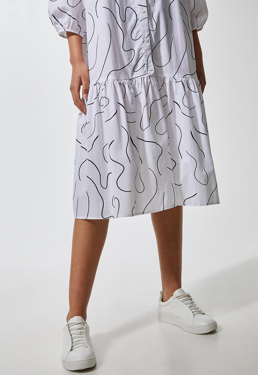 Superbalist - Cotton button thru dress with tier white scribble print - white 