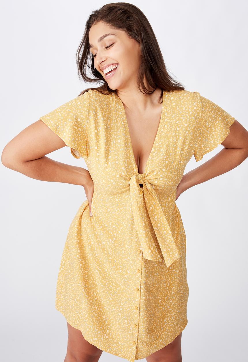 Cotton On - Curve woven miranda tie front mini dress - yellow
