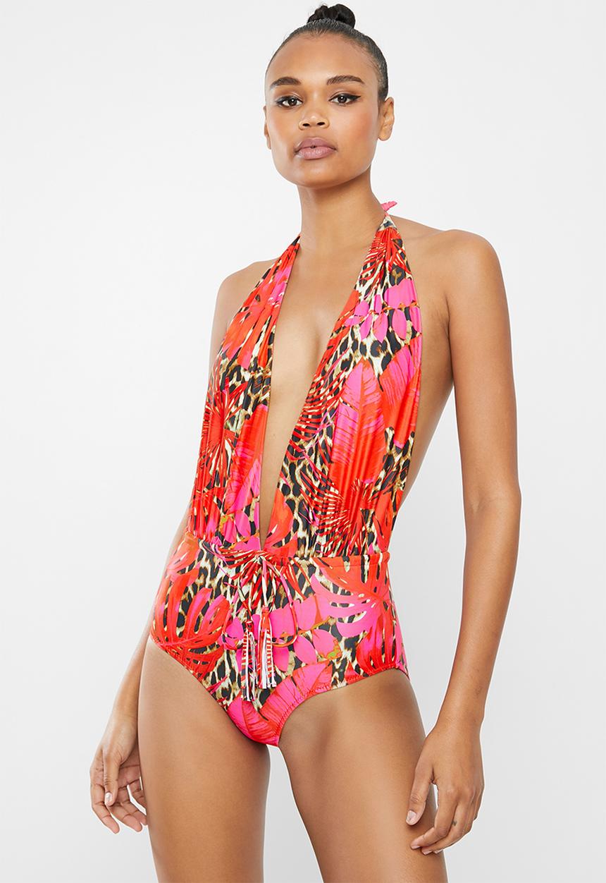Missguided - Palm animal plunge halterneck swimsuit - red