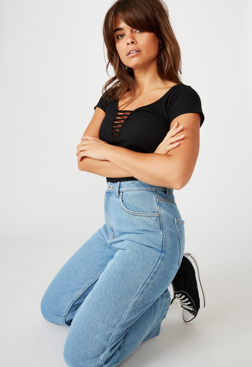 Factorie - Ladder detail short sleeve top - black