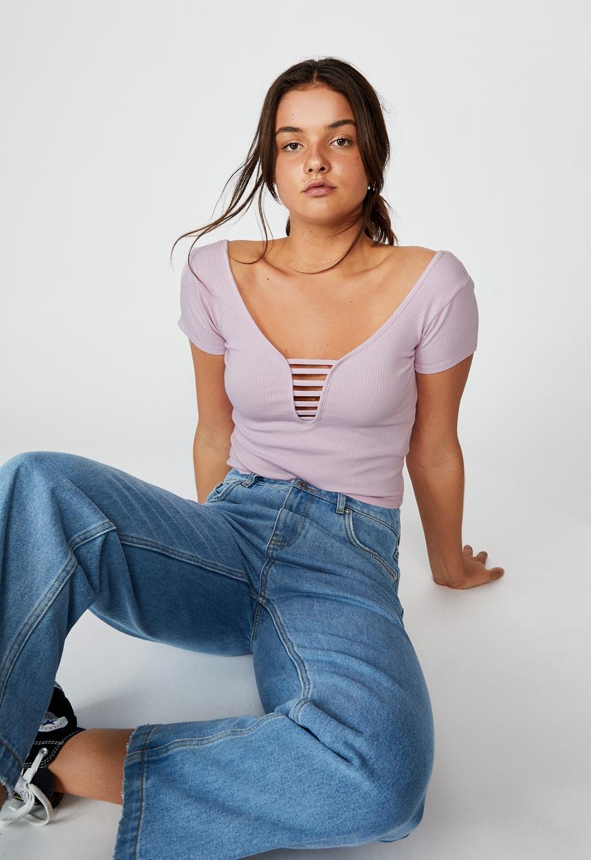 Factorie - Ladder detail short sleeve top - pink