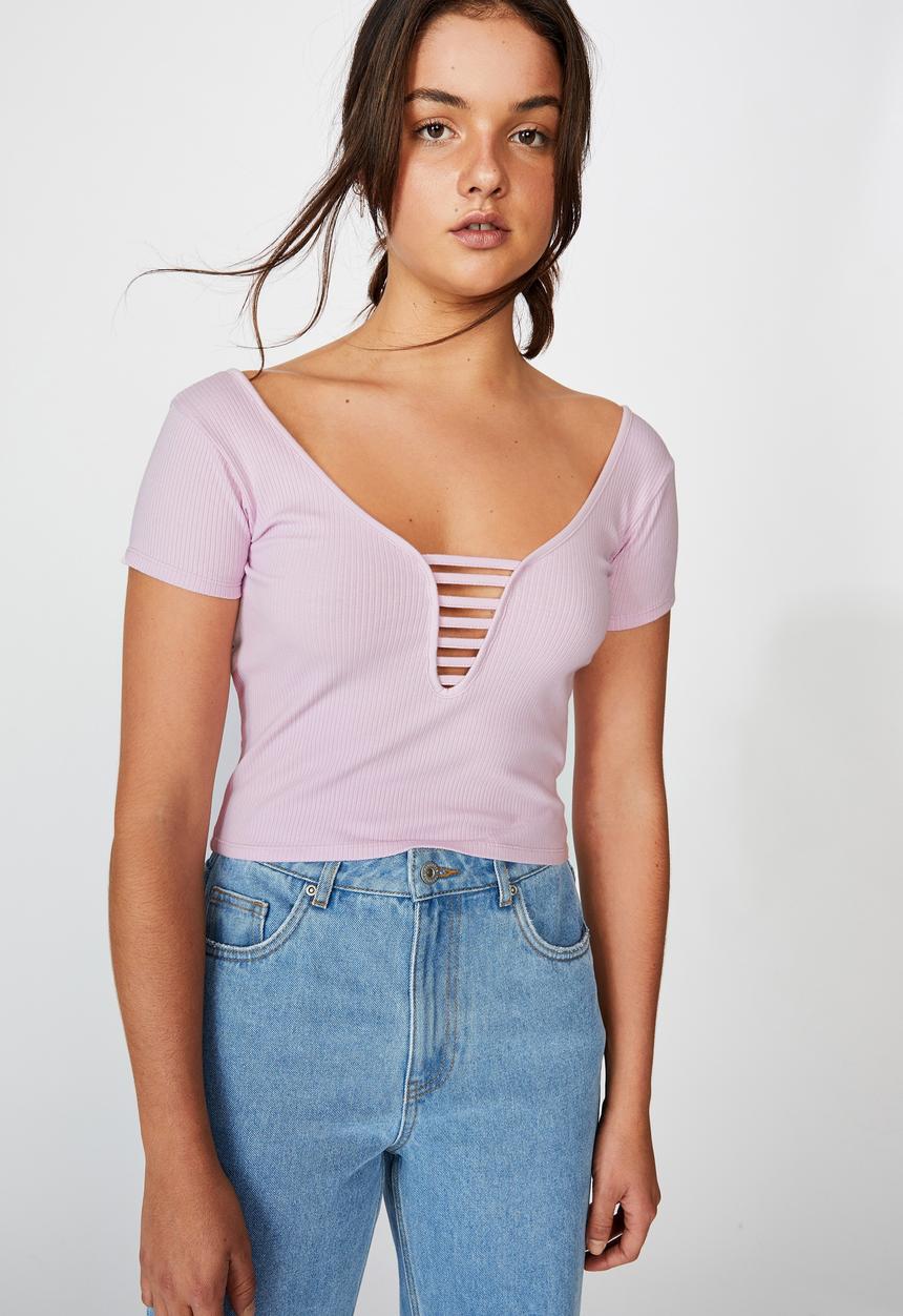 Factorie - Ladder detail short sleeve top - pink