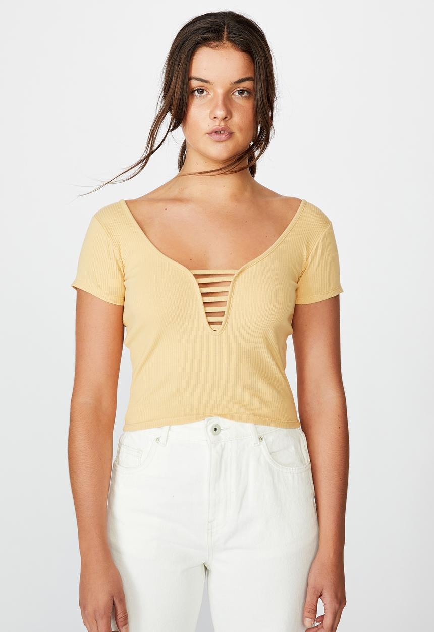 Factorie - Ladder detail short sleeve top - yellow