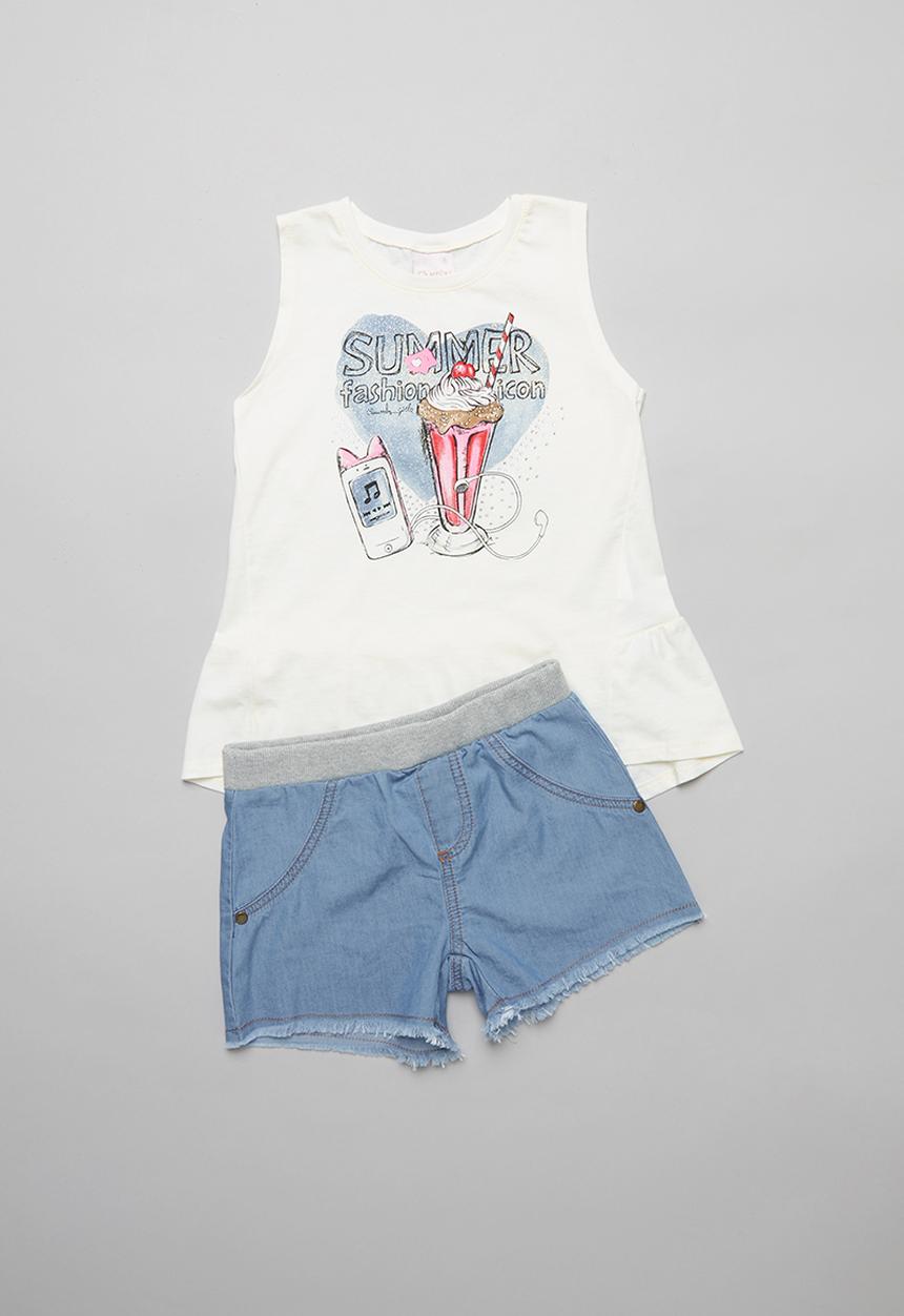 Quimby - Girls top & denim shorts - off white & blue 