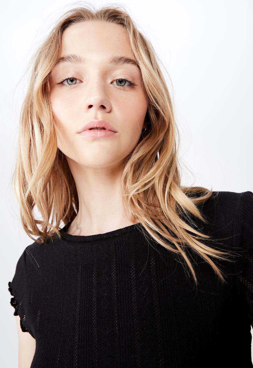 Factorie - Short sleeve pointelle top - black