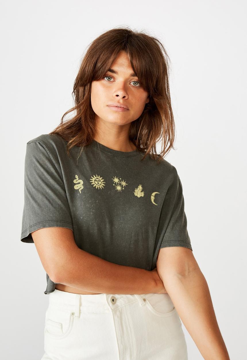 Factorie - Short sleeve raw edge crop T-shirt - washed asphalt