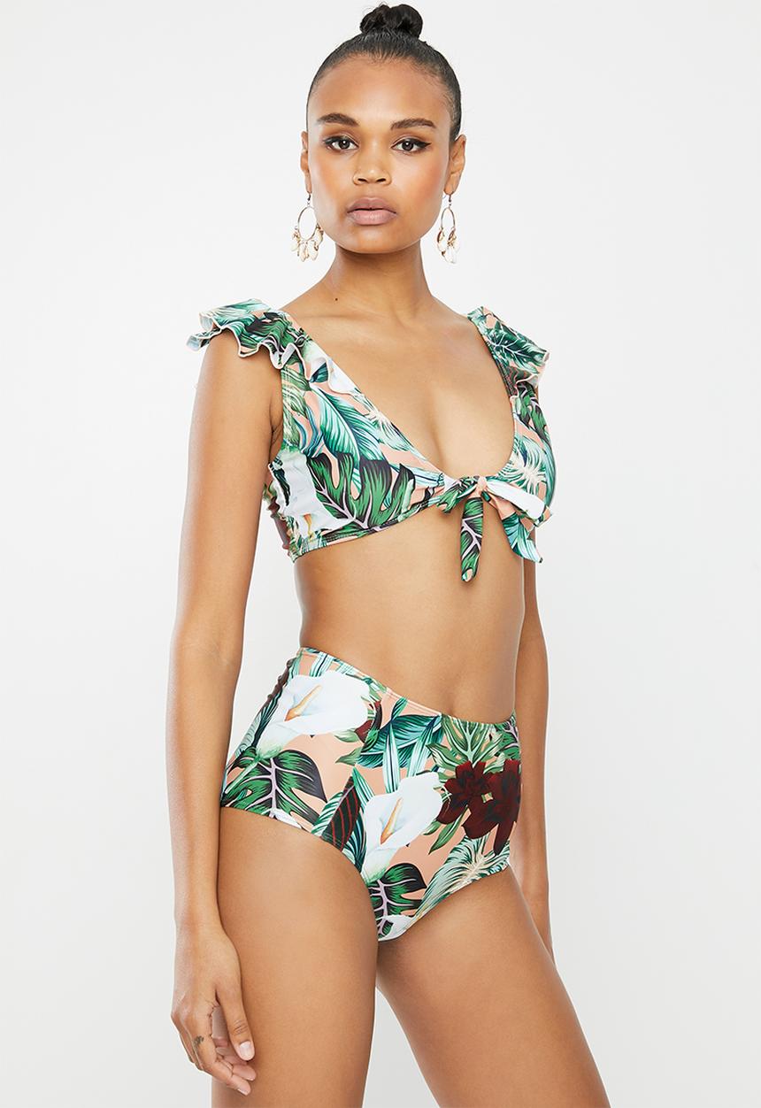 Missguided - Floral high waisted bikini bottoms - green